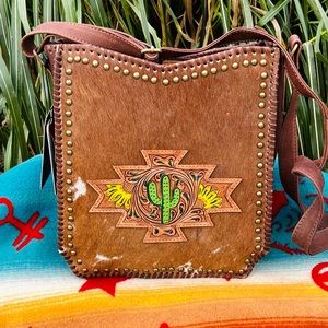 Cactus Sunflower Tooled Leather & Cowhide Purse